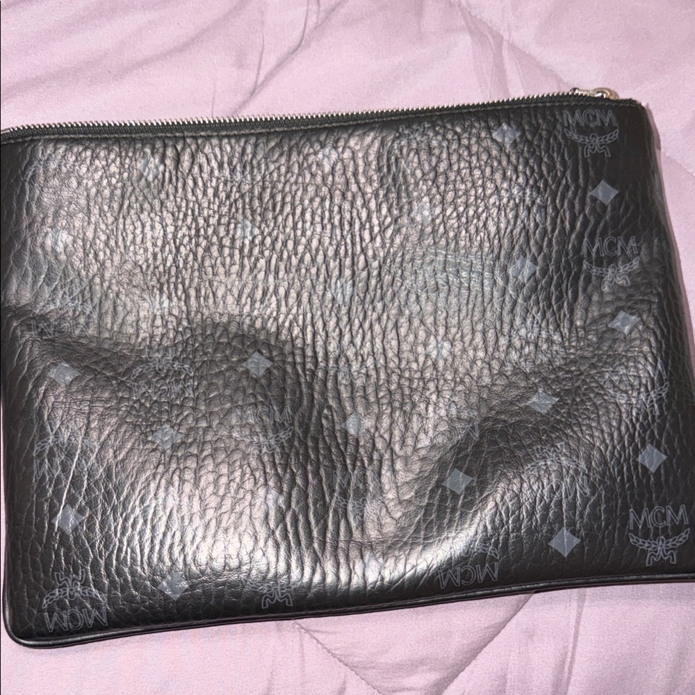 MCM Black Pebbled Leather Toiletry Pouch with Monogram (no straps)